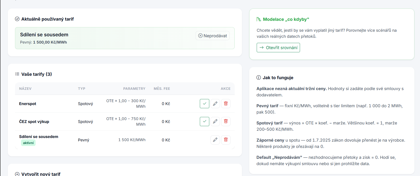 Správa výkupních tarifů - pevný i spotový